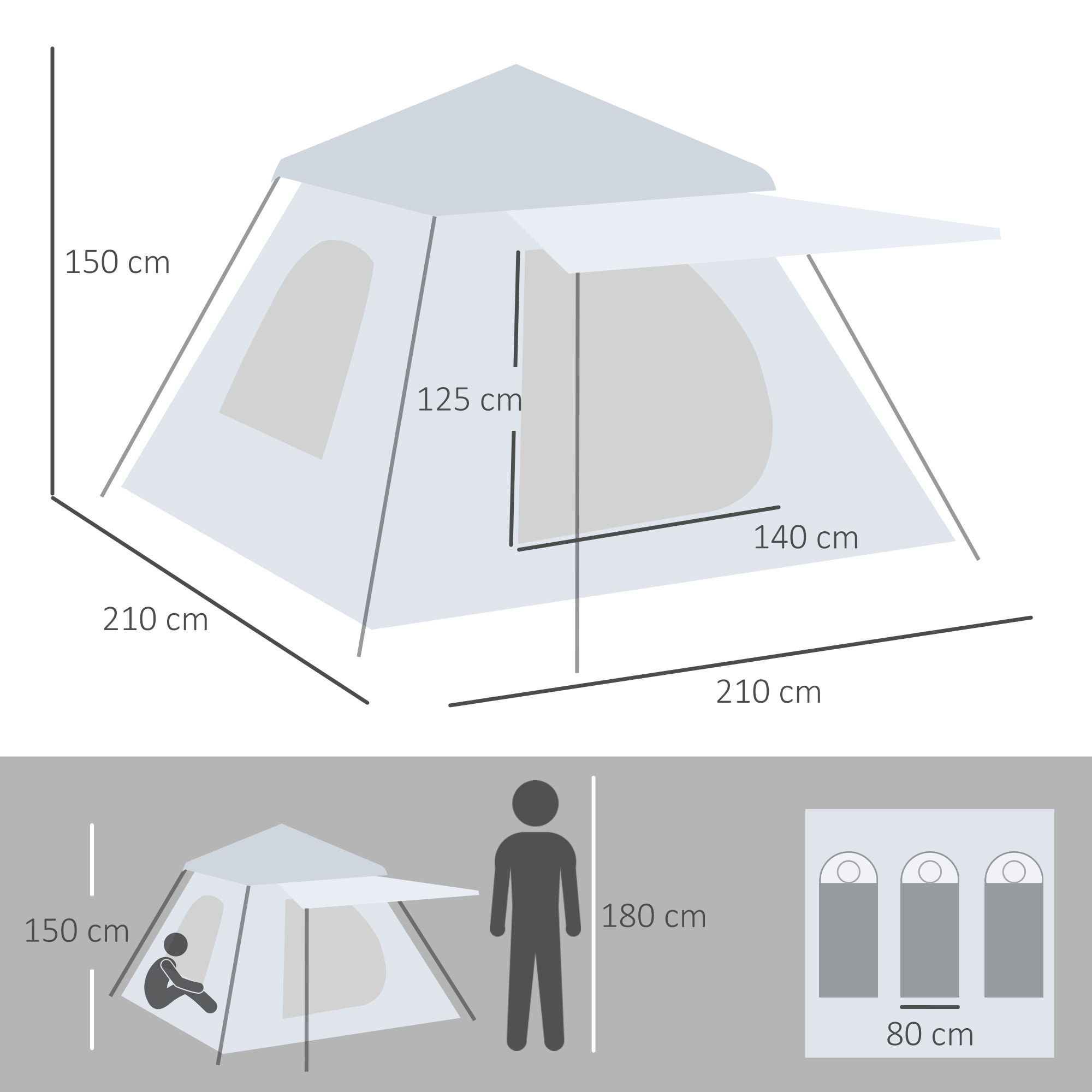 Tente de camping automatique pop up 2-3 pers. - porche, sac de transport - dim. 210L x 210l x 150H cm - gris clair