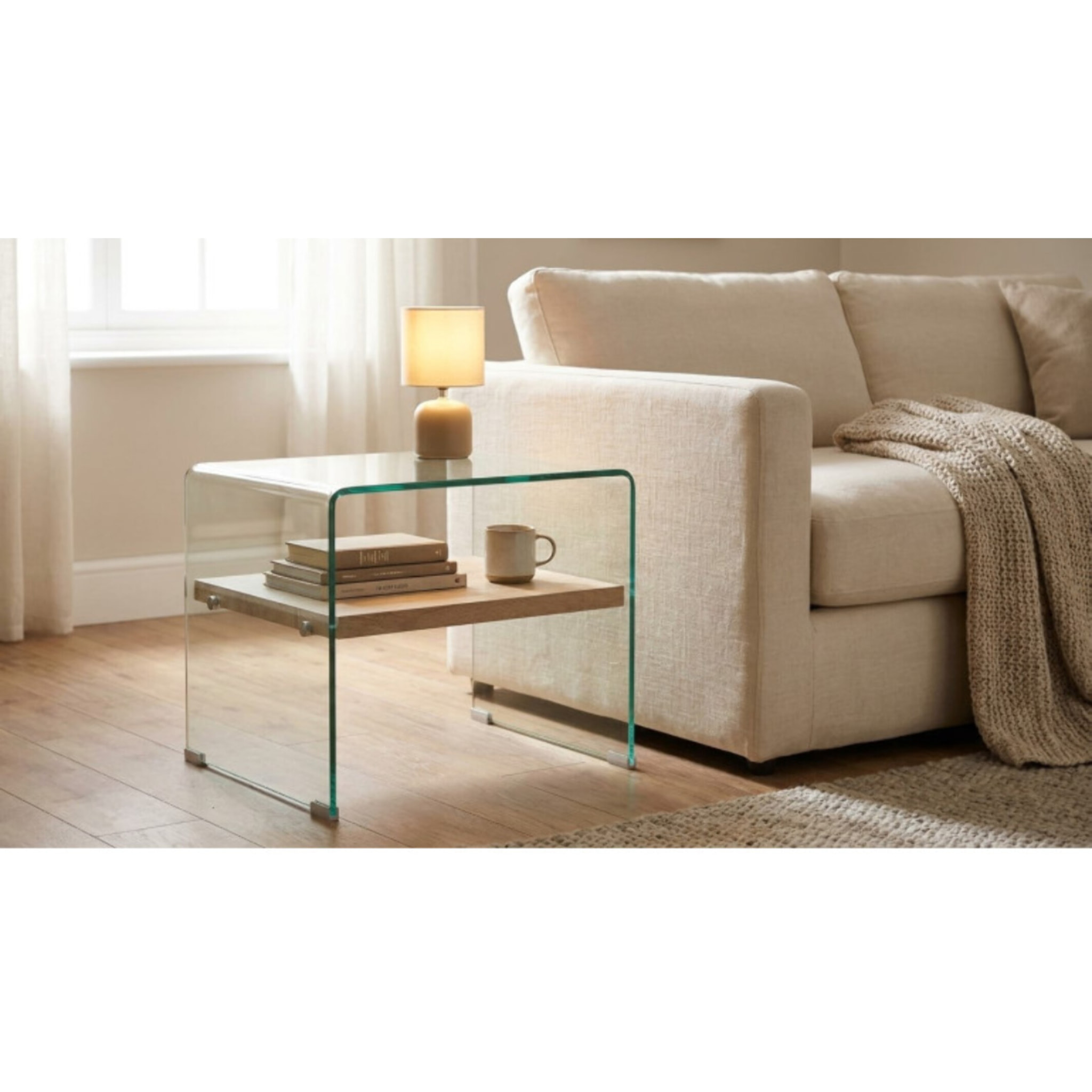 Bout de canapé en verre trempé transparent avec étagère en bois - GLASS