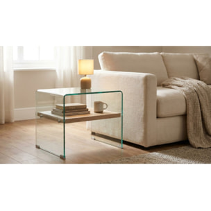 Bout de canapé en verre trempé transparent avec étagère en bois - GLASS
