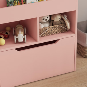 Bibliothèque étagère multi-rangement 3 étagères 2 niches grand tiroir MDF rose