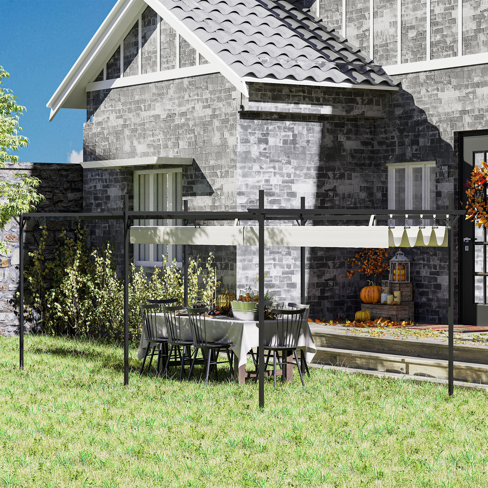 Pérgola con Techo Retráctil Pérgola de Aluminio 6x3 m Cenador con Tela de Poliéster Anti-UV Resistente al Agua Pabellón para Jardín Patio Terraza Exterior Crema