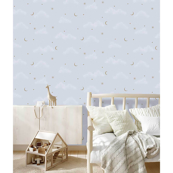 Papier peint nuages étoiles lune fond bleu ciel