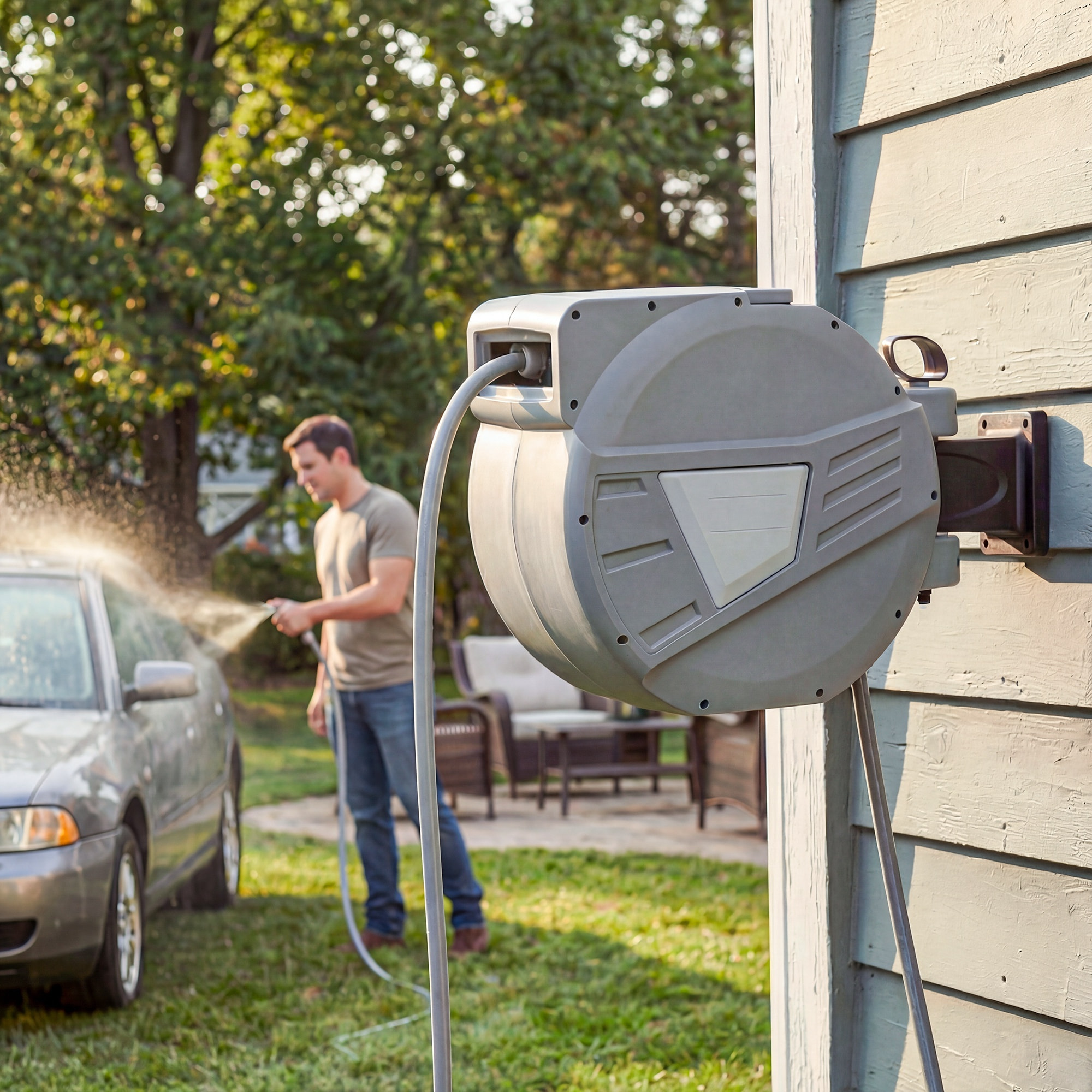 Dévidoir mural enrouleur automatique pivotant 180° tuyau 30 + 2 m avec lance arrosage 2 modes support mural intégré gris clair