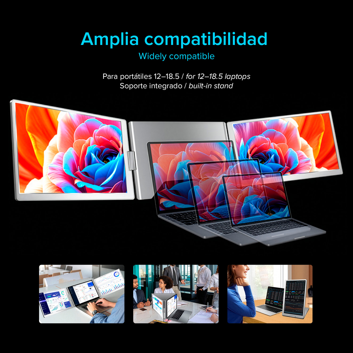 Monitor portátil dual S800 de 15.6” con doble pantalla IPS 1920x1080 16:9. Compatible con laptops Windows y MacOS. Incluye bolsa de transporte.