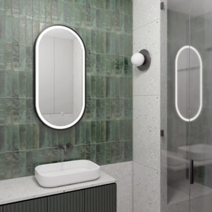 40x80 cm miroir suspendu ovale avec éclairage LED et capteur, cadre en aluminium, noir (SATZOVLED4080CE)