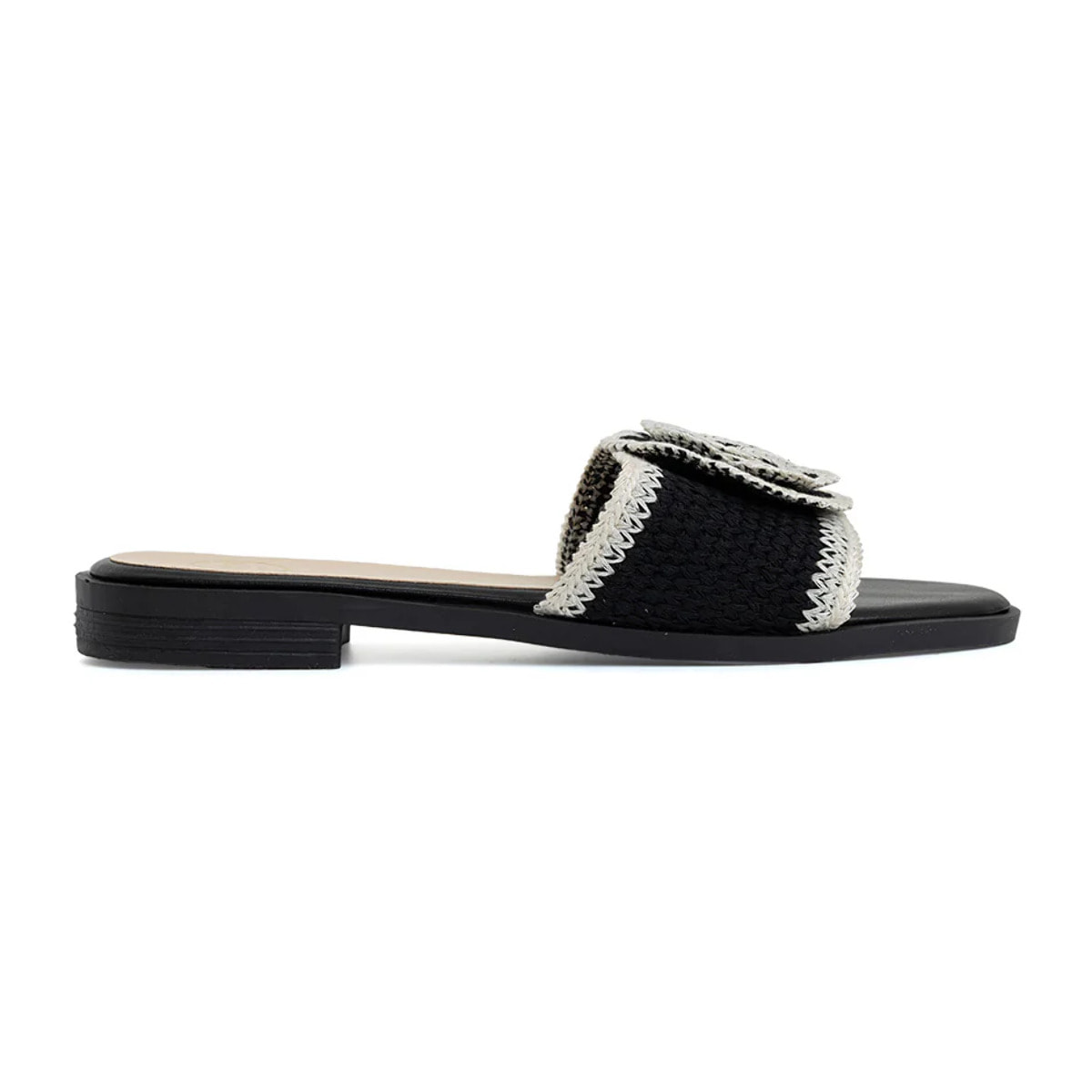 Ciabatta con fascia crochet e maxi fiore - NERO