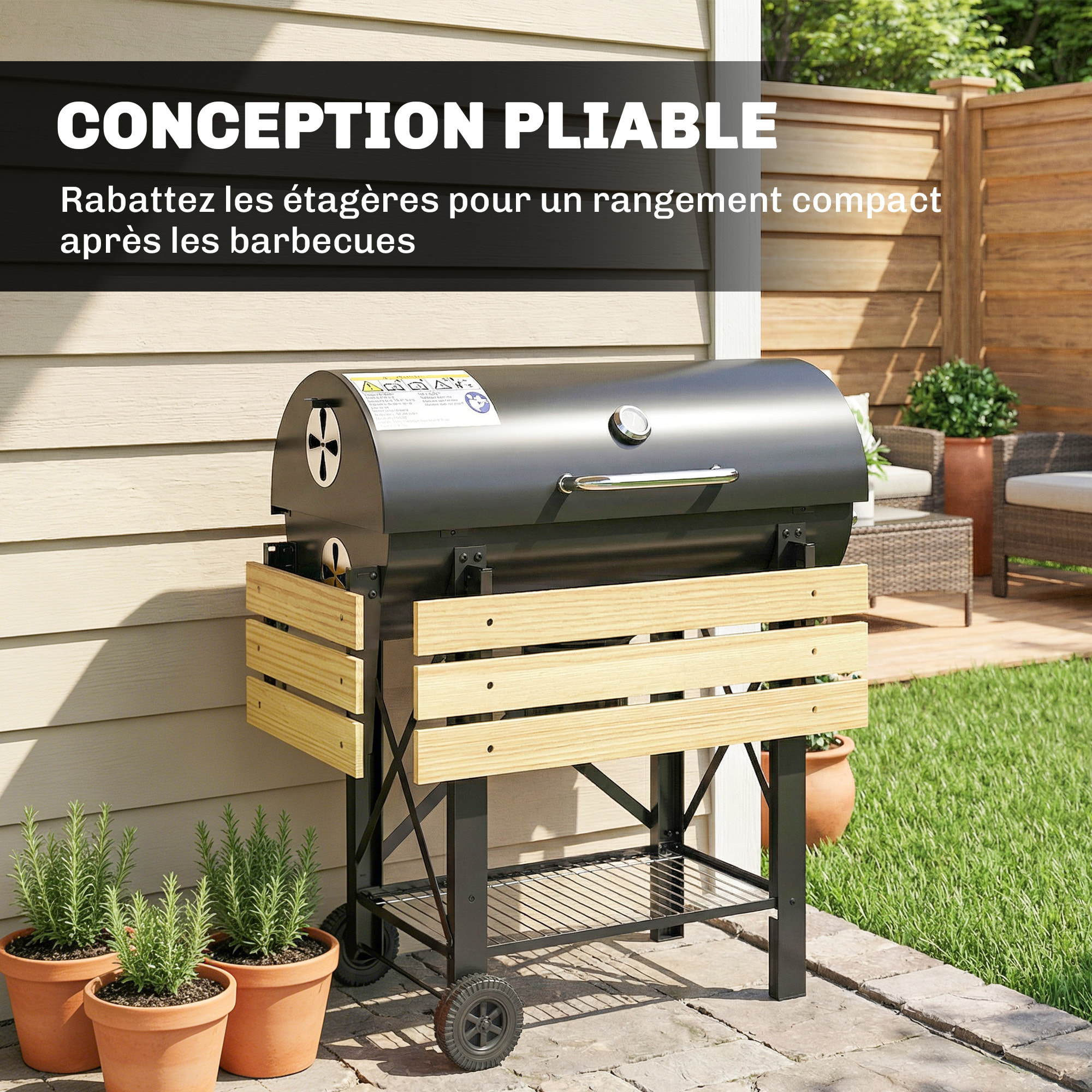 Barbecue smocker mobile acier bois 2 tablettes rabattables étagère noir