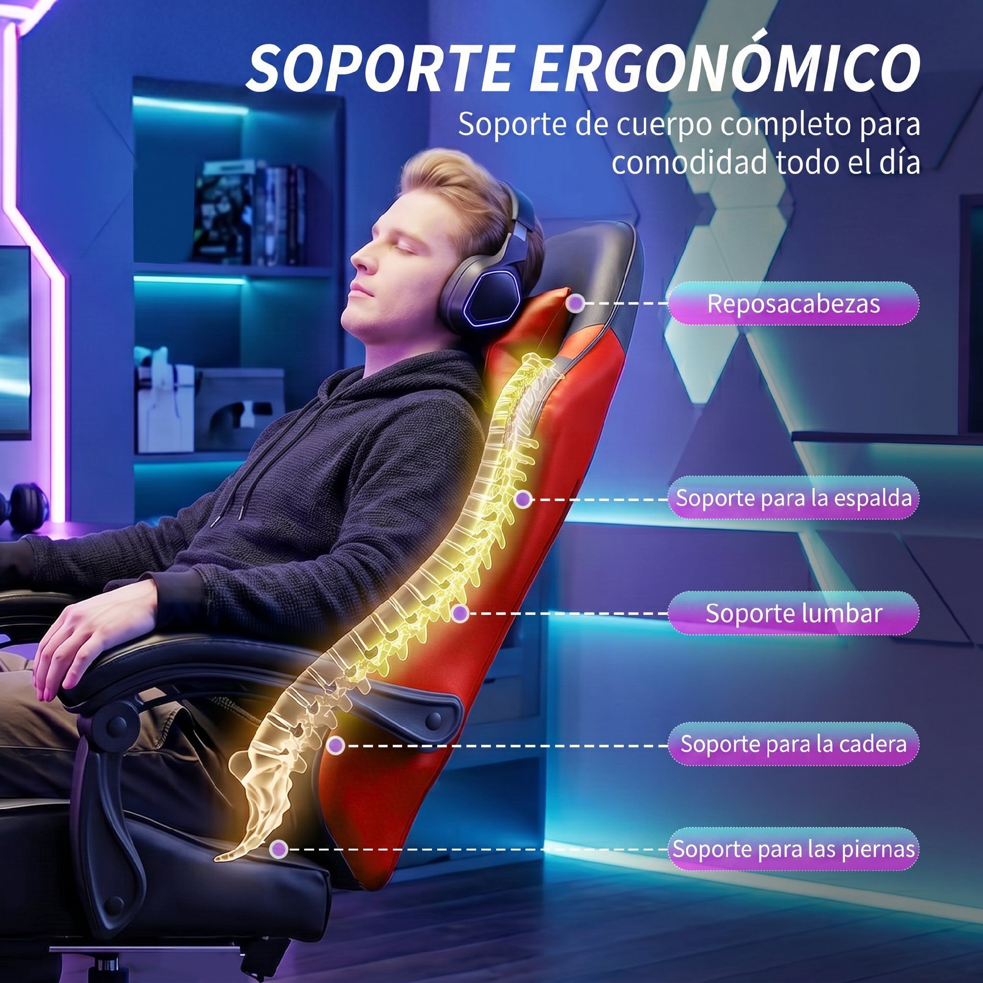 Silla Gaming Ergonómica, Silla Gamer con Lumbar Masaje Vibración, Reclinable 155°, Altura Ajustable, Reposacabezas y Reposapiés Retráctil, para Oficina, Estudio, Rojo