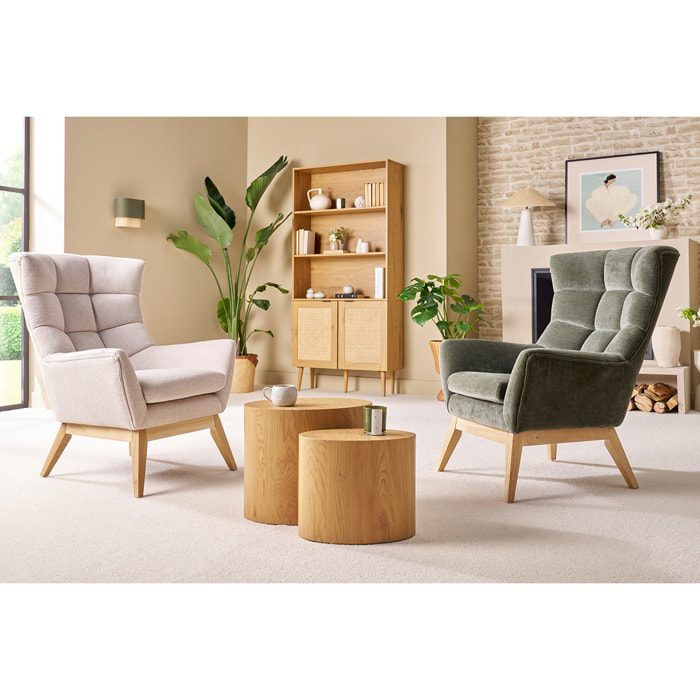 Fauteuil scandinave en tissu effet velours texturé jaune moutarde et bois clair BRODY