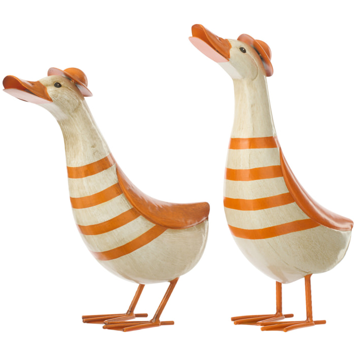 J-Line Canard Ligné décoratif - métal - orange/blanc cassé - large - 2 pièces
