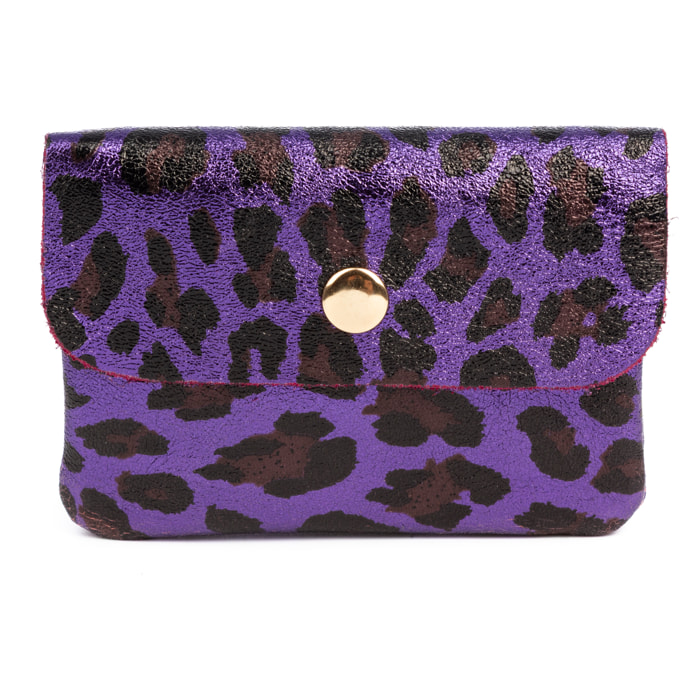 Alpignano portafoglio donna. Pelle scamosciata autentica, design stampa animale leopardato, lucido laccato.