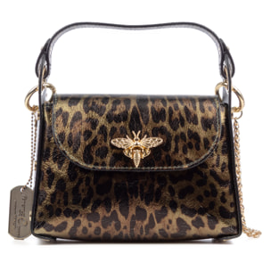 Aquileia bolso de mano mujer. Piel auténtica Gamuza con estampado animal print leopardo lacada brillante.