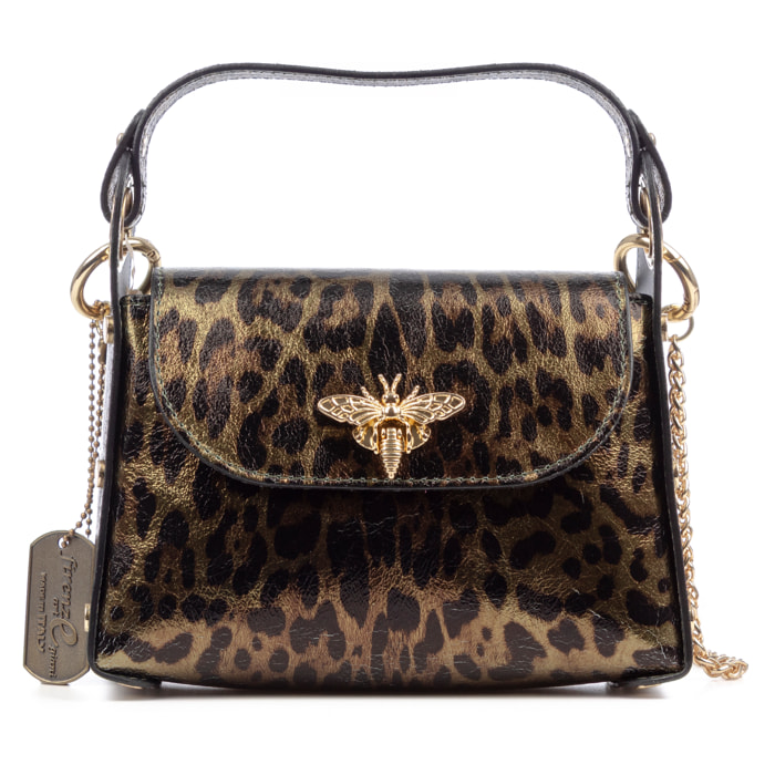 Aquileia bolso de mano mujer. Piel auténtica Gamuza con estampado animal print leopardo lacada brillante.