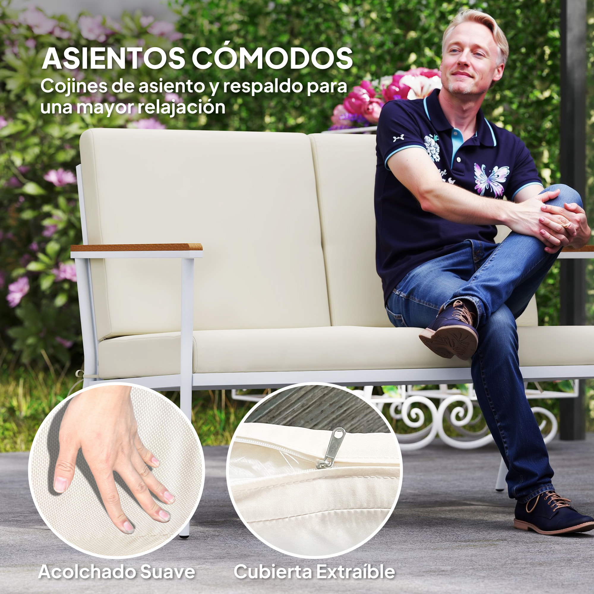 Conjunto de Jardín Exterior 5 Piezas Muebles Jardín Exterior con 1 Sofá de 2 Plazas 2 Sillones y 2 Mesas de Centro con Tablero de Vidrio Templado Cojines Lavables Beige