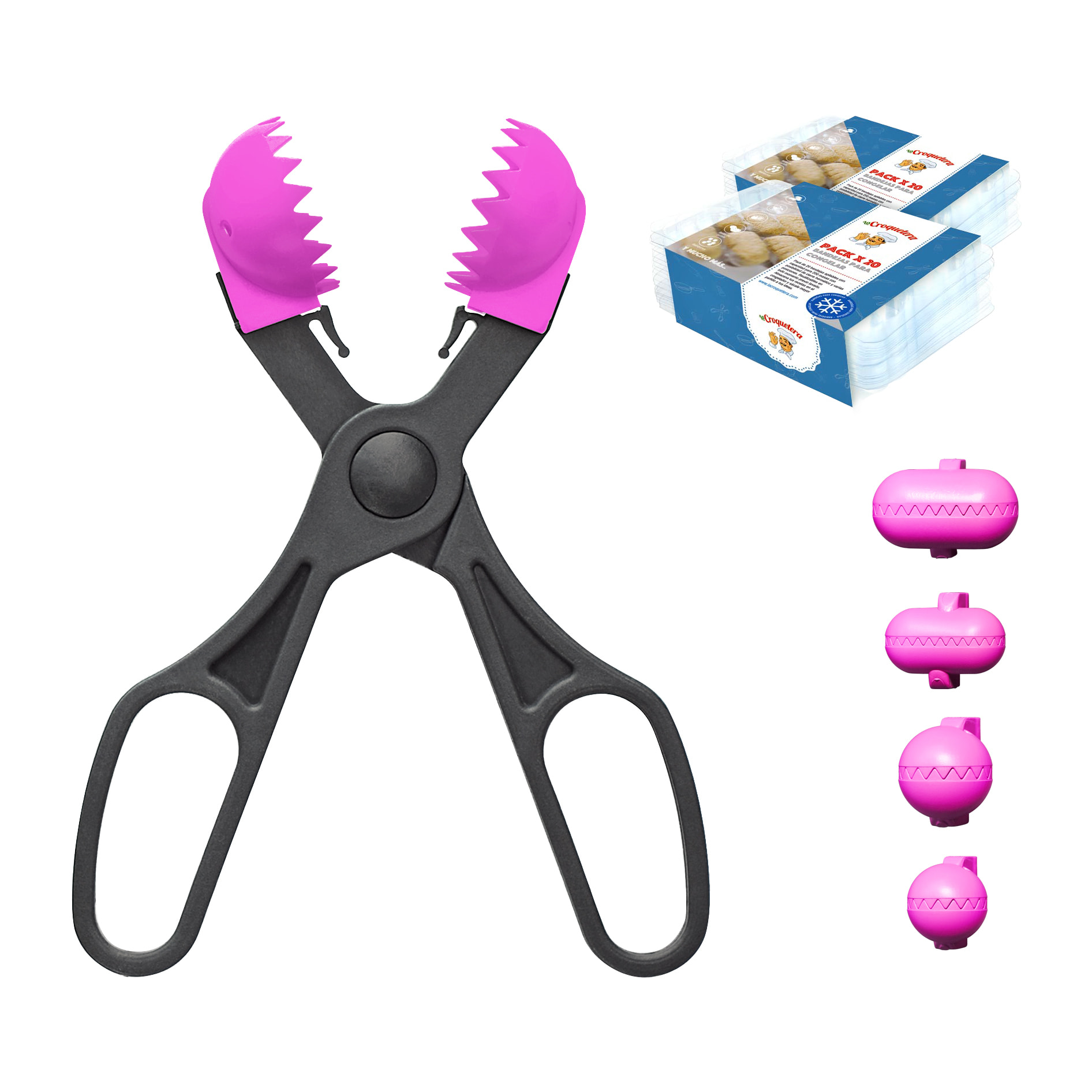 Pack utensilio multiusos con 4 moldes intercambiables color rosa+ 40 bandejas de conservación - La croquetera: patentado y fabricado en España