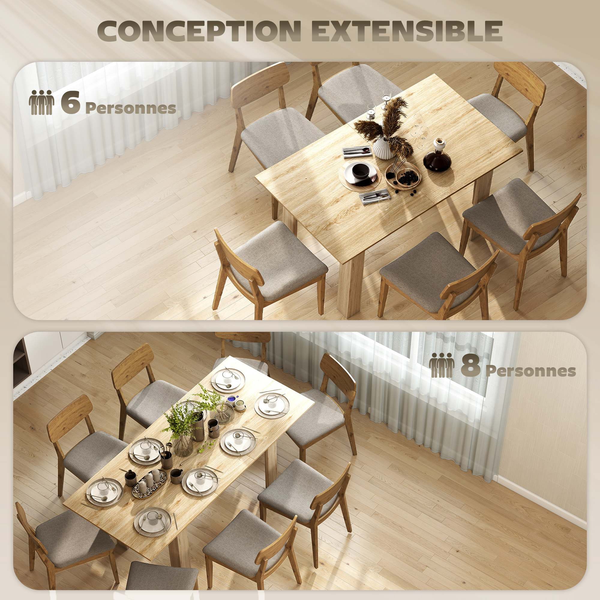Table à manger extensible 6-8 personnes 140-180 x 80 cm effet bois naturel