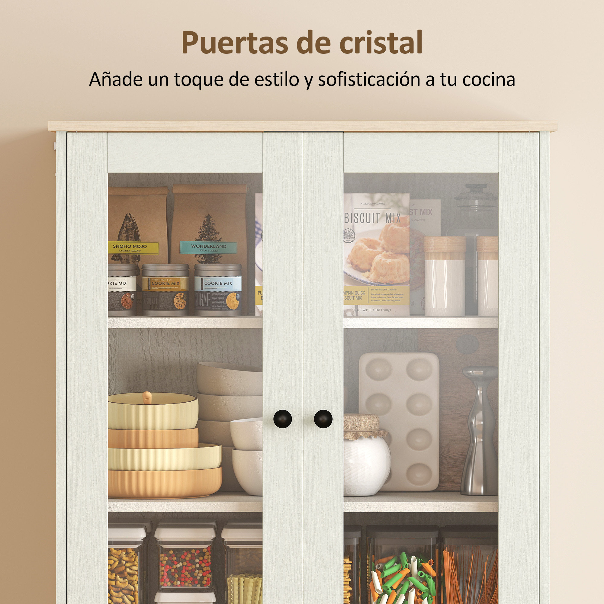 Alacena de Cocina, Mueble Auxiliar de Cocina con 2 Puertas de Acrílico, Cajón Grande, Estantes Ajustables, para Comedor, 76x40x182,5 cm, Crema