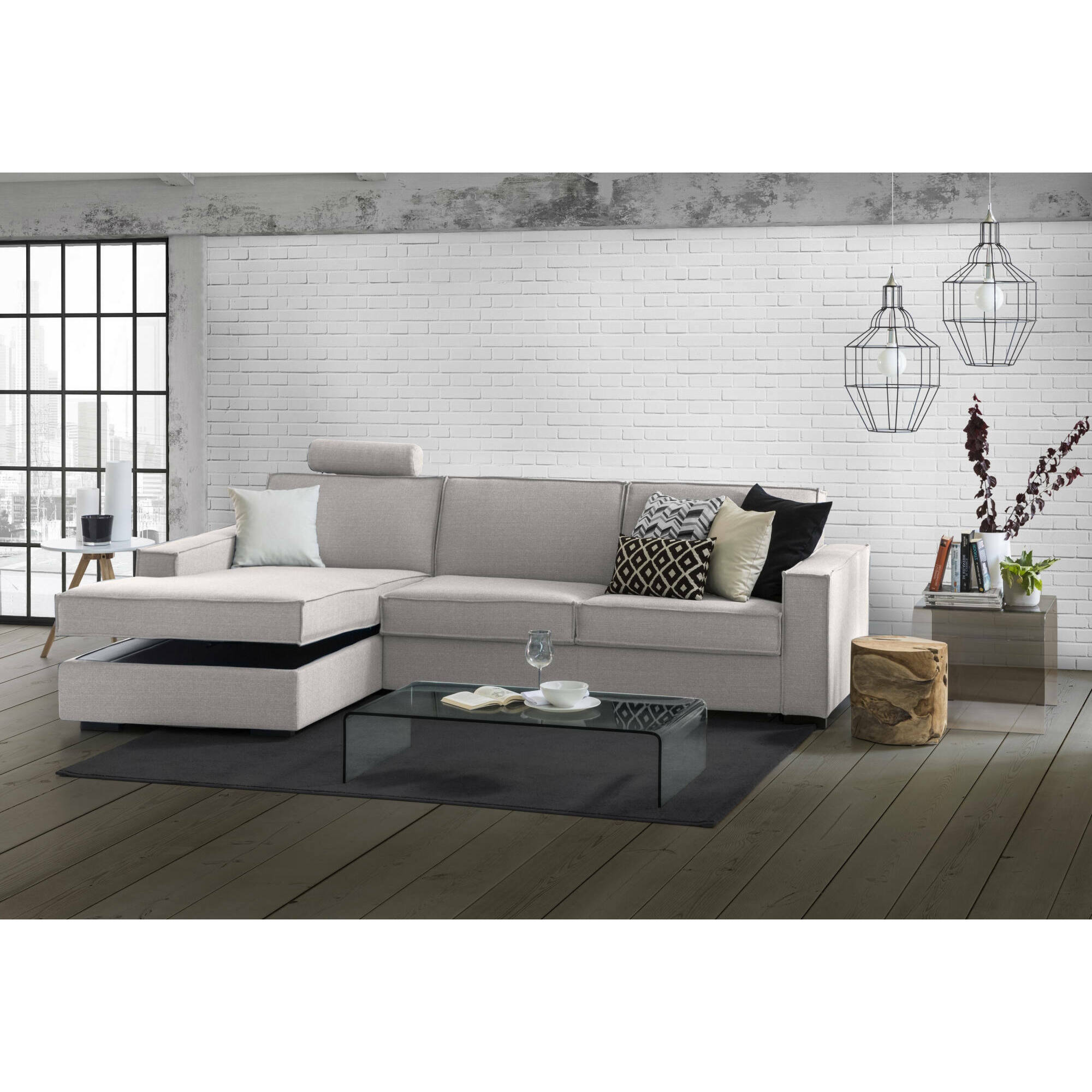 Divano letto con penisola Albenga, Sofà apertura girevole, Penisola contenitore Sinistra, Braccioli slim, 100% Made in Italy, Cm 260x95h90, Grigio