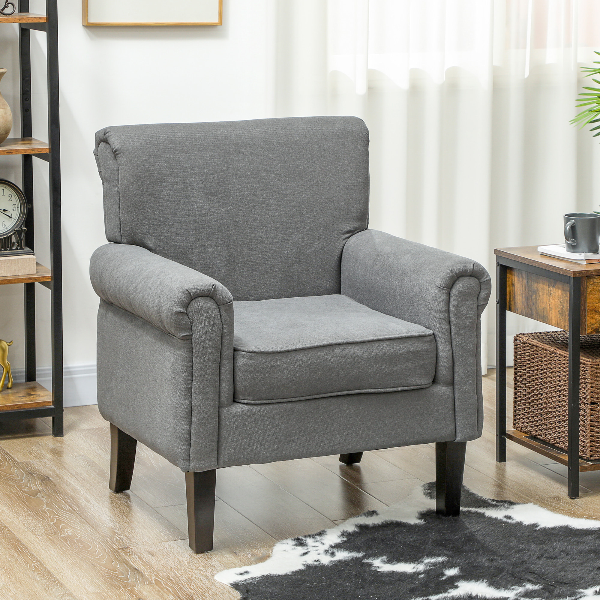 Butaca de Salón Tapizada en Tela, Sillón Relax con Reposabrazos, Asiento Extraíble y Lavable, Patas de Madera, para Dormitorio, Balcón, Estilo Moderno, Carga 150 kg, 79x72,5x88 cm, Gris Oscuro