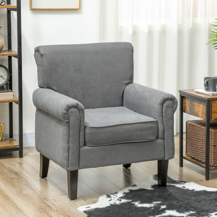 Butaca de Salón Tapizada en Tela, Sillón Relax con Reposabrazos, Asiento Extraíble y Lavable, Patas de Madera, para Dormitorio, Balcón, Estilo Moderno, Carga 150 kg, 79x72,5x88 cm, Gris Oscuro
