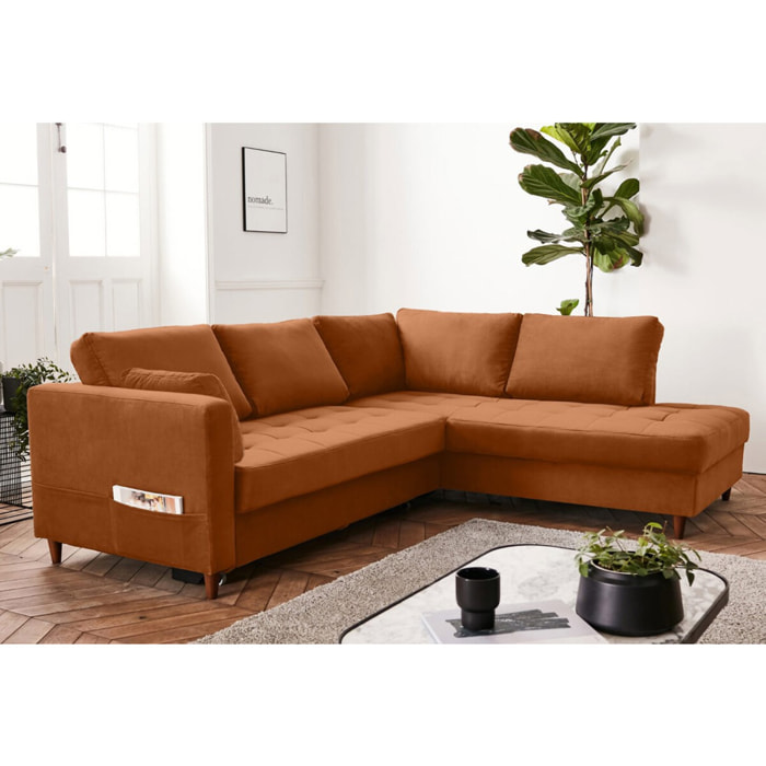 Anna - canapé d'angle droit - 5 places - convertible - en velours - Rouille