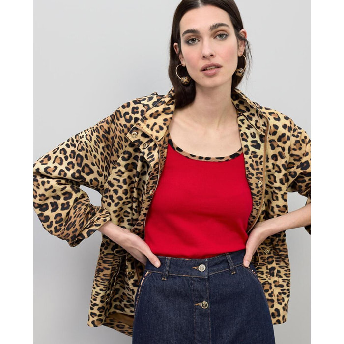 Parka tecnico corto con cappuccio stampa animalier