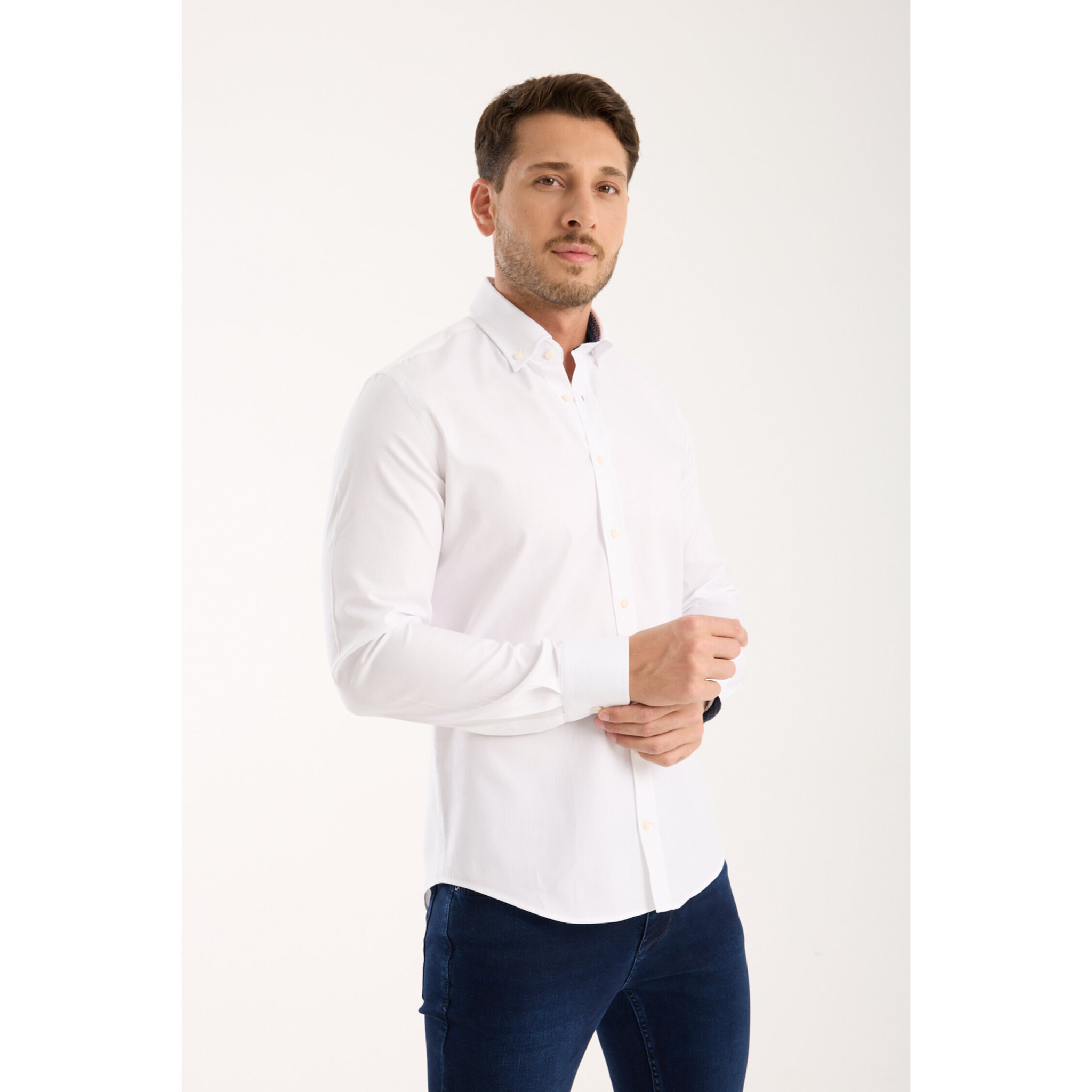 camicia uomo 1 bottone button down slim Armaturato Fantasia Bianco e Bianco