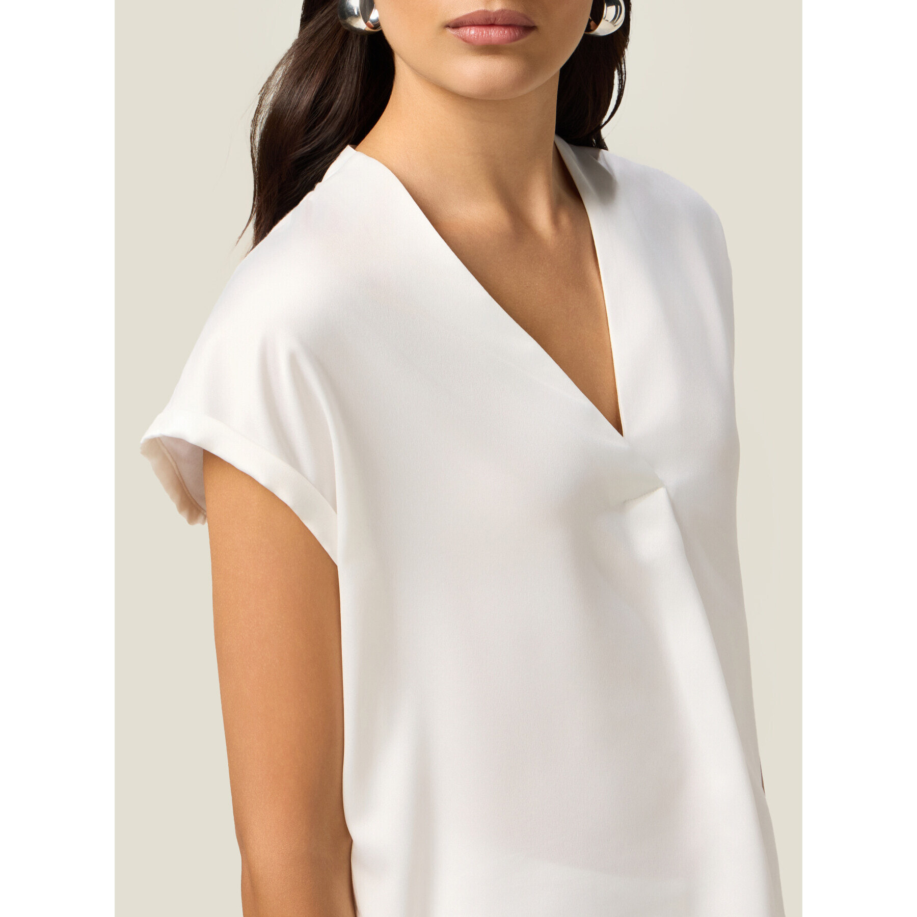 Oltre - T-shirt bimaterica con scollo a V - Bianco