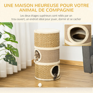 Arbre à chat cylindrique - tour à griffer pour chat - arbre à chat tour - Tonneau griffoir - 3 niches + plateforme - sisal corde d'algues beige