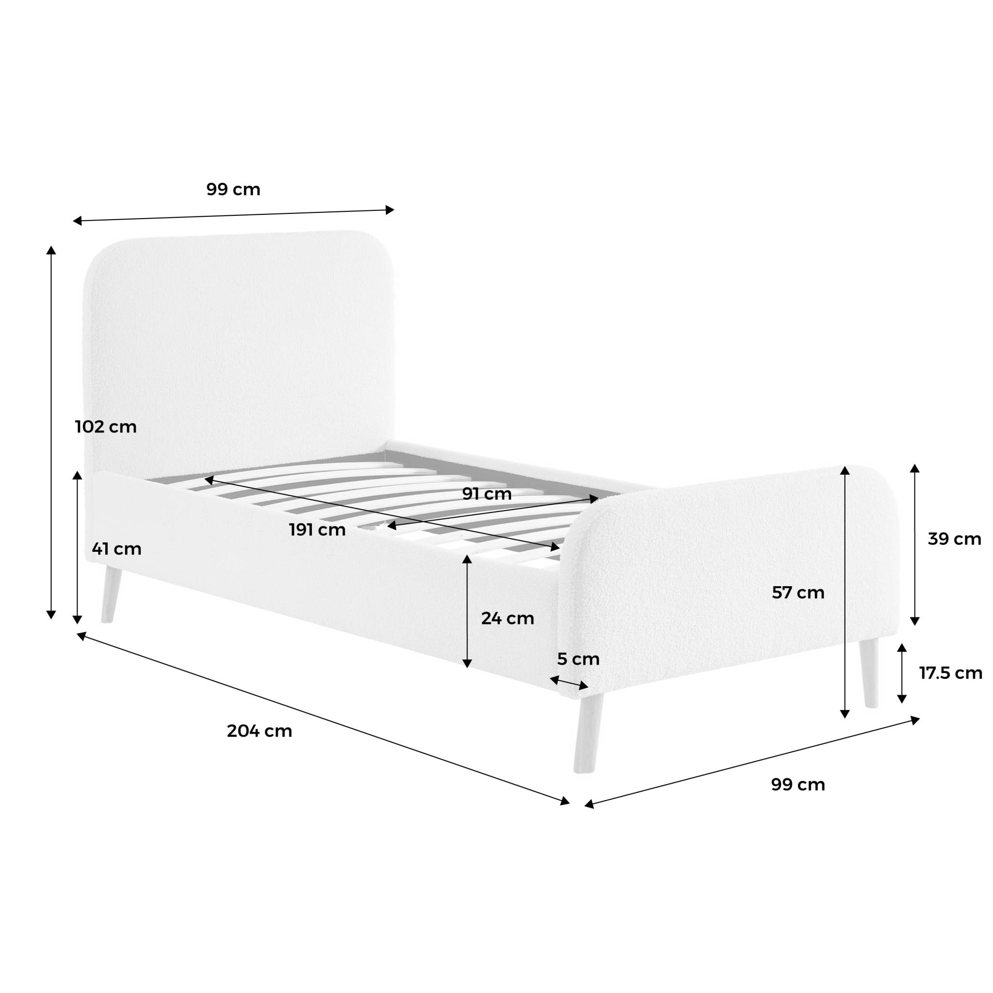 Lit avec sommier et tête de lit rembourrée 90 x 190 cm bouclette FINN