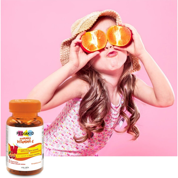 PEDIAKID - Gommes Vitamine C - Formule Naturelle au Délicieux Arôme de Cerise - Contribue à Réduire la Fatigue - Soutient le Métabolisme Énergétique et les Défenses de l'Organisme - 60 gommes