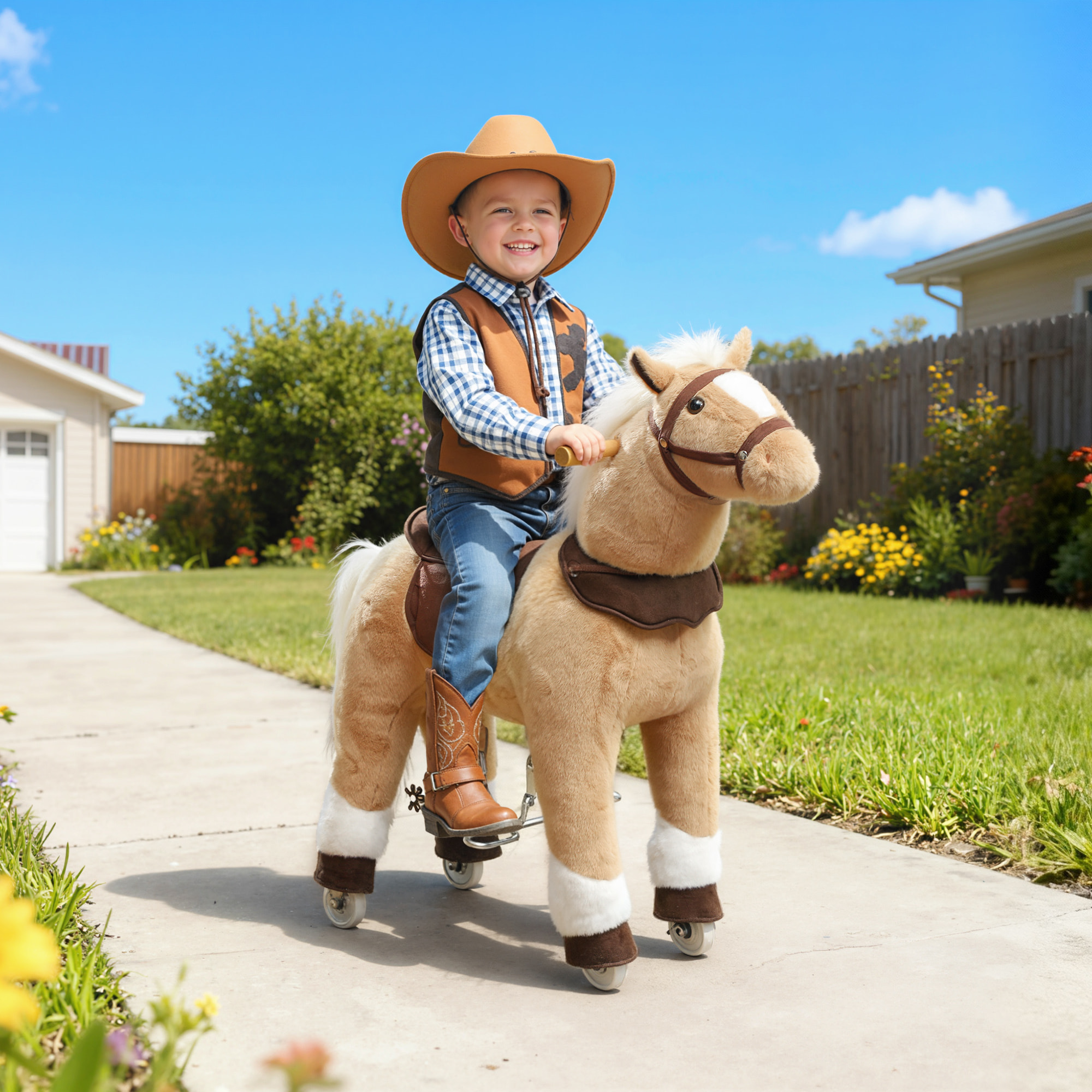 Cheval debout sur roulettes en peluche selle étrier poignées 72L x 32l x 80H beige marron blanc