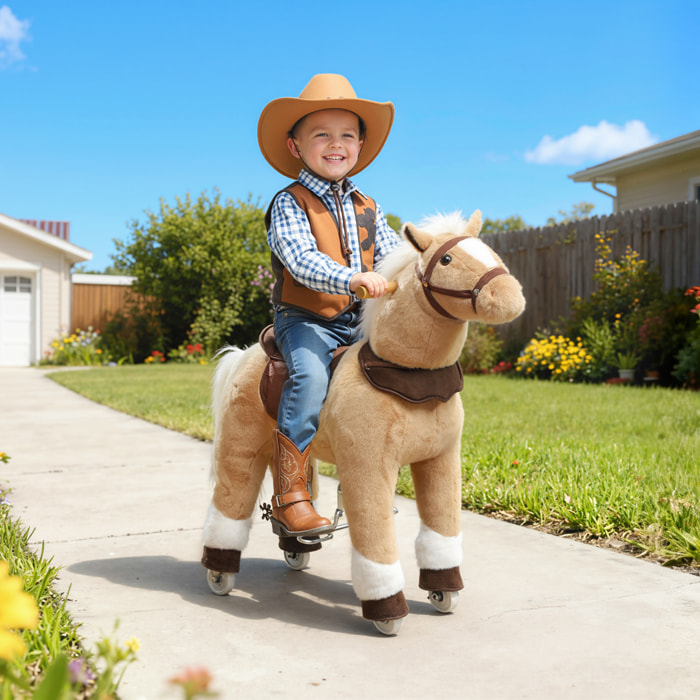 Cheval debout sur roulettes en peluche selle étrier poignées 72L x 32l x 80H beige marron blanc