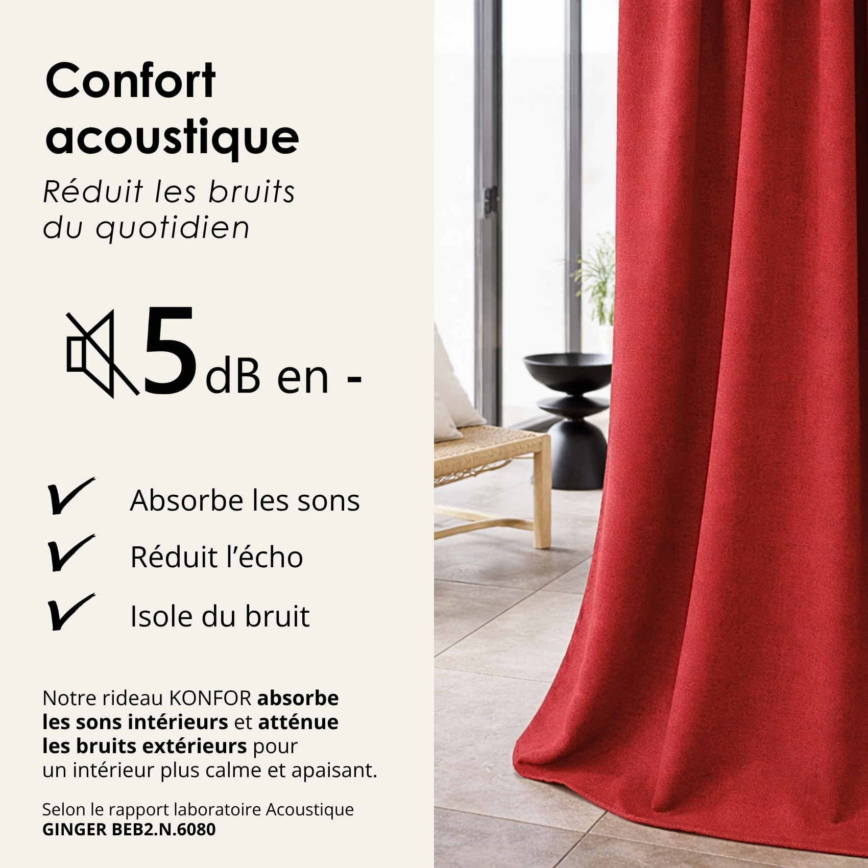 Rideau thermique phonique et semi occultant à galons fronceurs KONFOR - Rouge