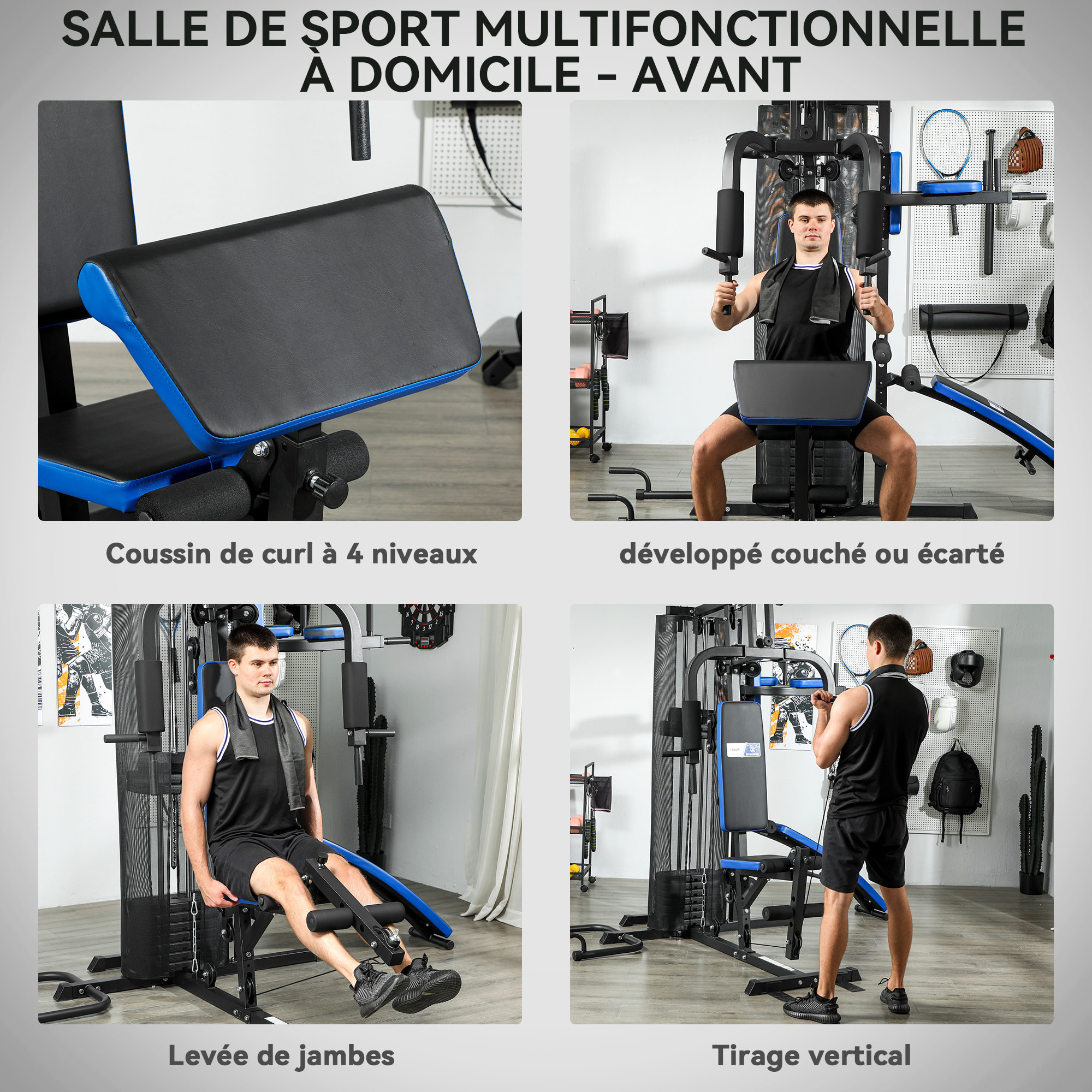 Station de musculation multi-équipement - collaboration Aosom.fr x FFHandball - 10 contrepoids - bleu