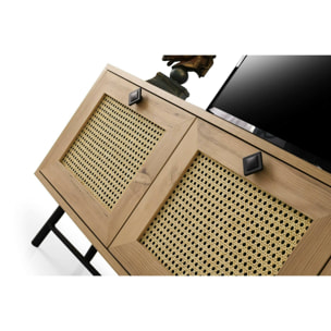 Mobile porta TV Dpasinat, Credenza da soggiorno, Armadio basso per TV, Base parete attrezzata, 140x40h60 cm, Quercia e Nero