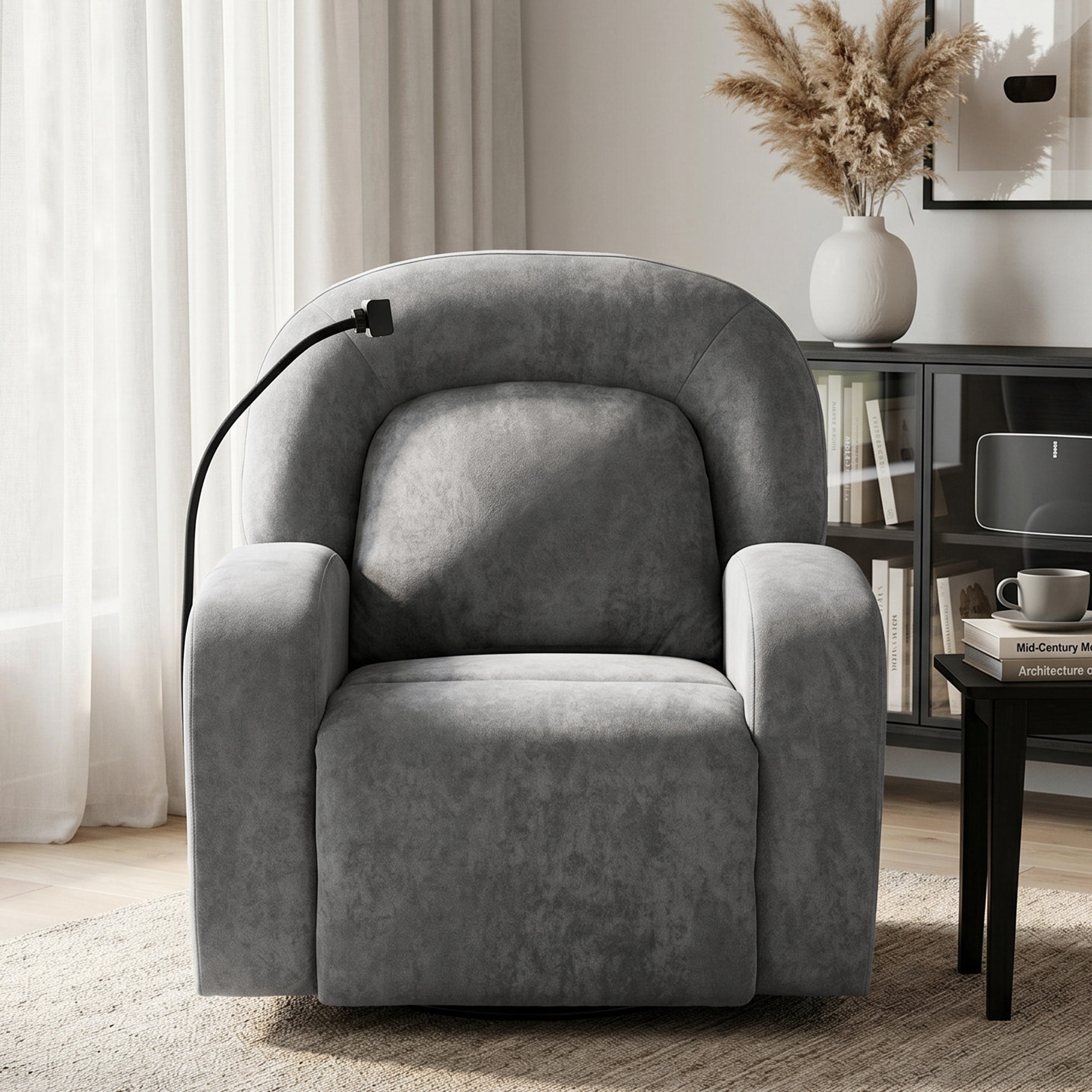 HOMCOM Sillón Relax Reclinable 3 en 1, Sillón Relax con Función Mecedora, Giratorio 360°, Soporte para Teléfono, Asiento Amplio, Respaldo Ancho, Tapizado en Terciopelo, Gris