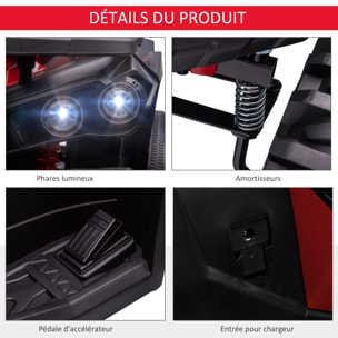 Voiture 4x4 quad buggy électrique enfant 12 V 5 Km/h max. effets lumineux sonores selle avec dossier porte-bagage avant métal PP rouge noir