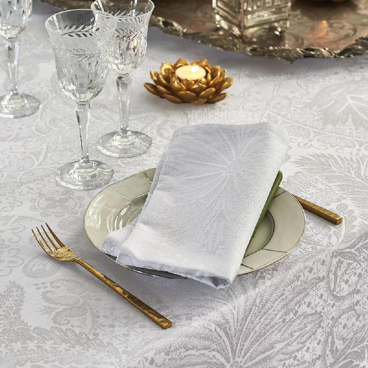 Nappe pur coton enduit motif jacquard blanc Mille isaphire blanc