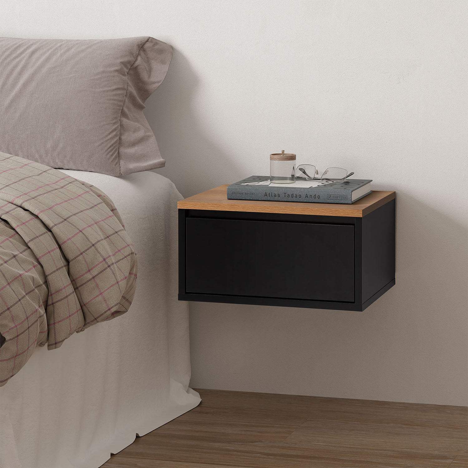 Mesita de noche flotante Desi 1 cajón color Negro/Roble