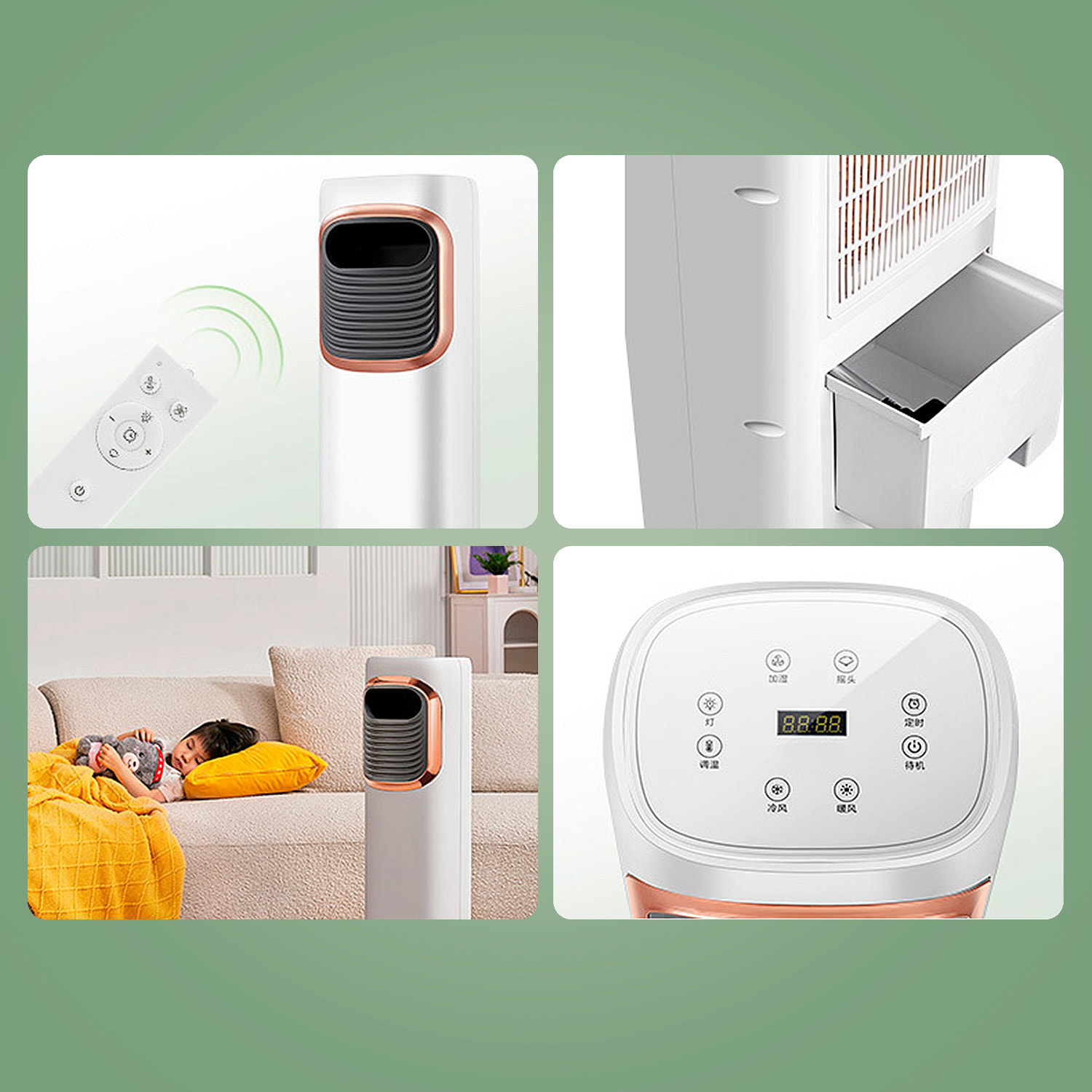 Climatizador multifunción sin aspas, con 2 niveles de calefacción y refrigeración. Tanque de agua de 3L y mando de control remoto.