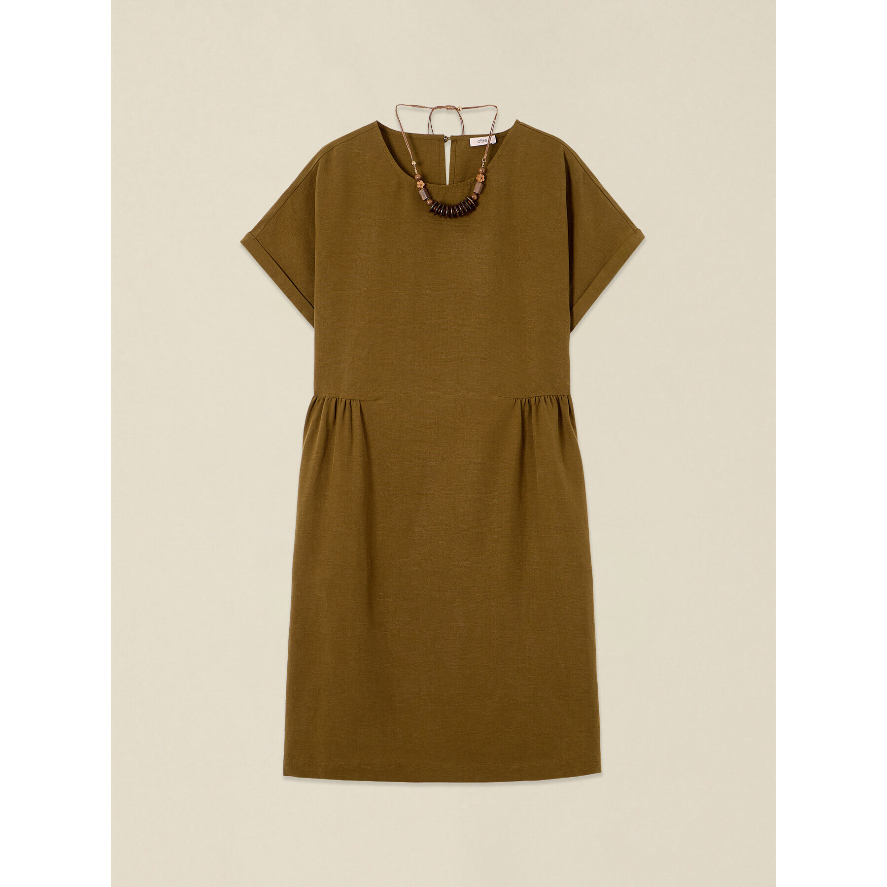 Oltre - Vestito flare misto lino con collana - Kaki