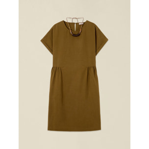 Oltre - Vestito flare misto lino con collana - Kaki