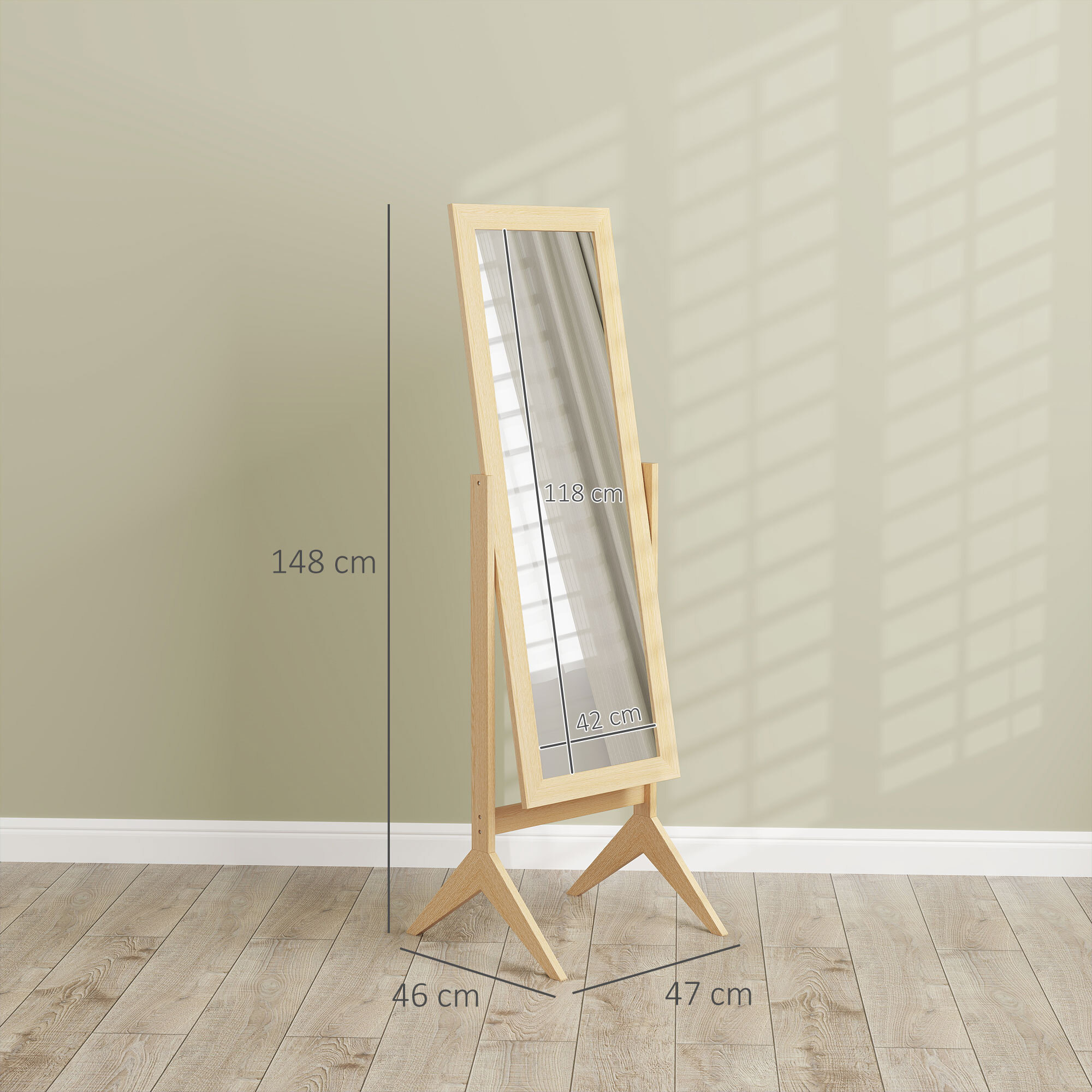 Miroir à pied inclinaison réglable dim. 47L x 46l x 148H cm MDF effet bois clair