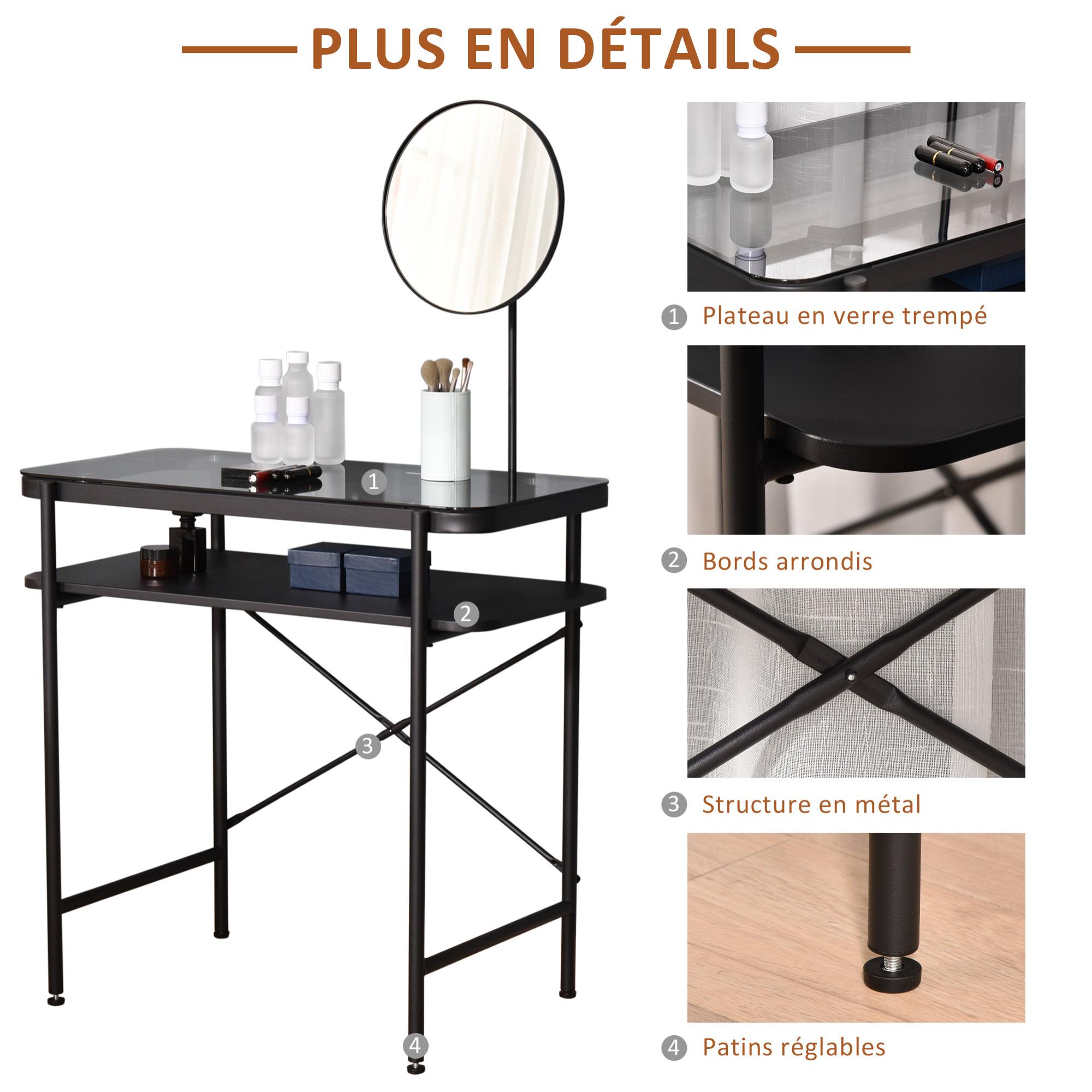 Coiffeuse design contemporain table de maquillage plateau verre trempé étagère miroir pivotant métal noir