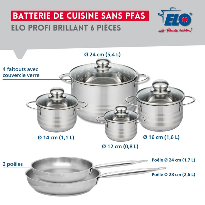 Ensemble de 2 Poêles de cuisson 24 et 28 cm et 4 faitouts 12, 14, 16 et 24 cm Elo Profi Brillant