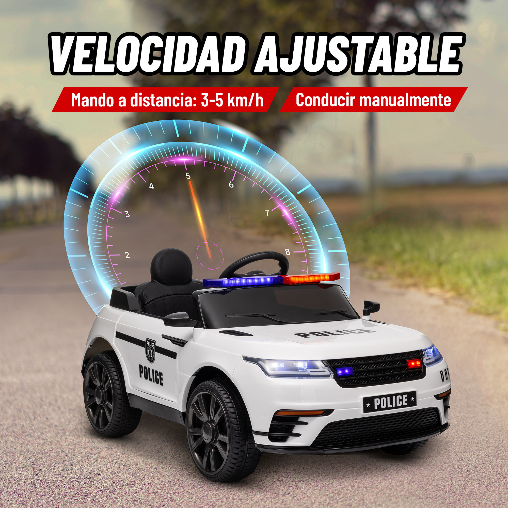 Coche Eléctrico para Niños de +3 Años Carro Eléctrico Infantil de Policía con Batería 12V Mando a Distancia Faros Bocina Sirena Música y Rueda de Entrenamiento Blanco