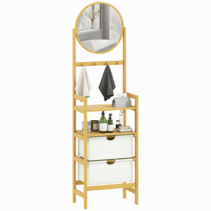 Estantería de Baño de Bambú con Espejo Estantería de Almacenaje con 4 Ganchos 2 Estantes Abiertos y 2 Cajones de Tela para Cocina Baño Salón 48,5x30x170 cm Natural