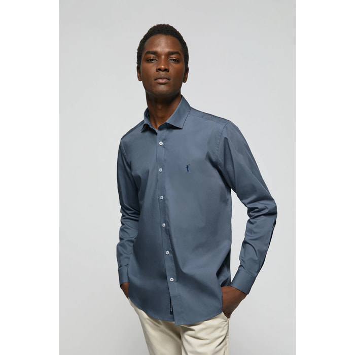 Camicia Slim in popeline blu denim con logo Rigby Go