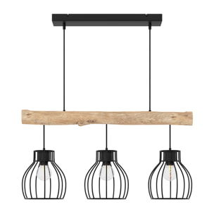 Suspension 3 lampes en bois d'eucalyptus et métal noir - Abby